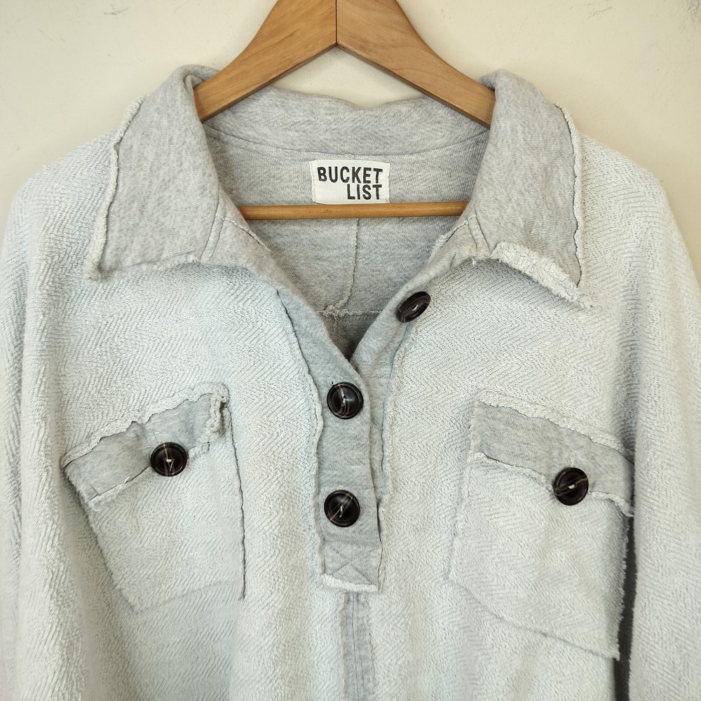 Bucket List Henley Sweatshirt Top Womens Small Oversized Raw Edge Boho Gray - Picture 2 of 7